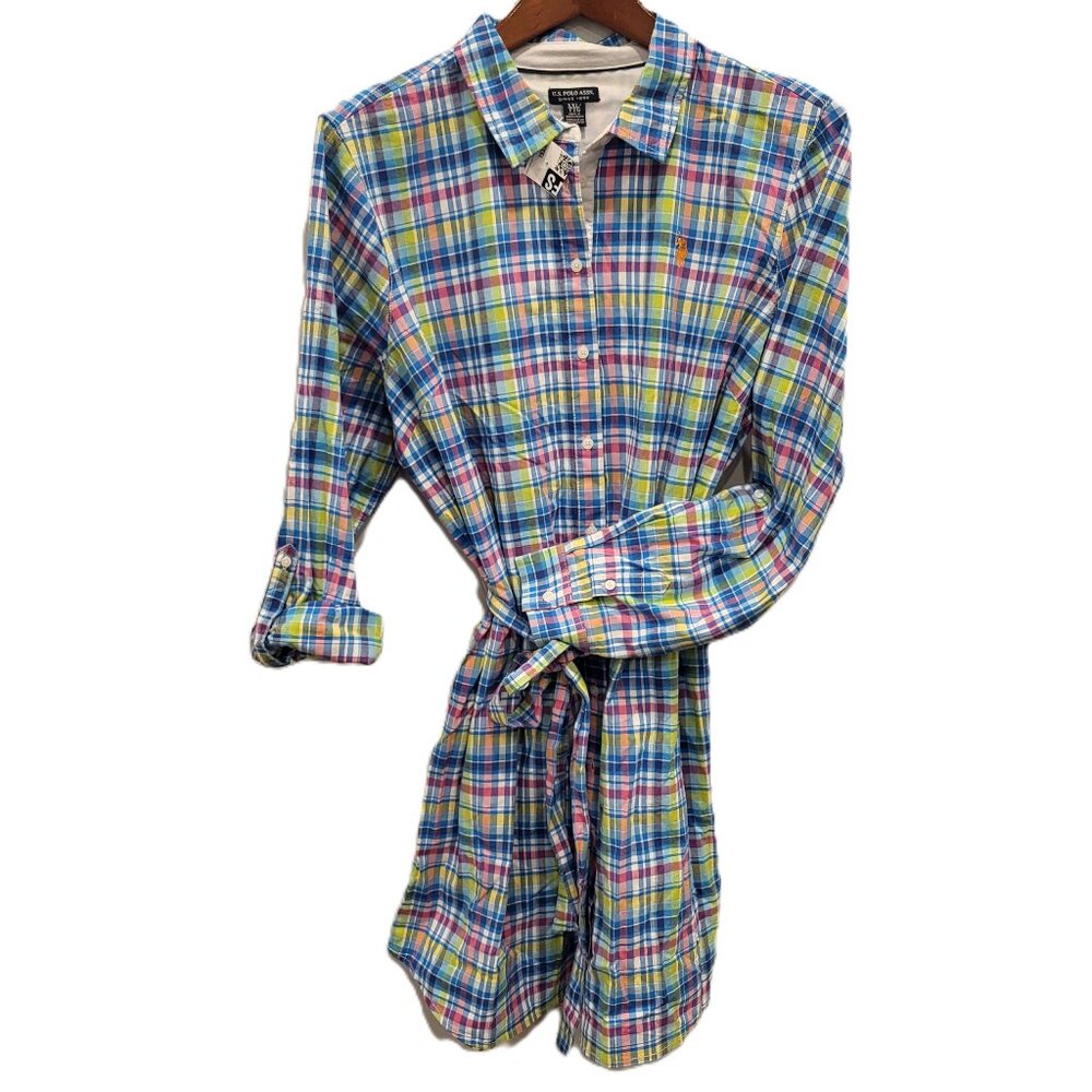 NMT U.S. Polo Assn. Cotton Spandex Shirt Dress Button Front Plaid Size XXL